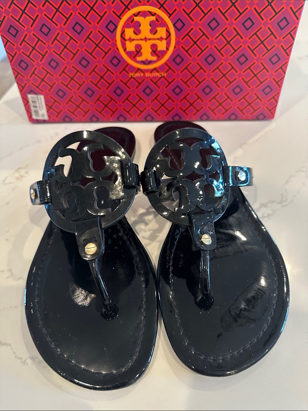 Tory Burch Miller Sandals Patent Black Size 10